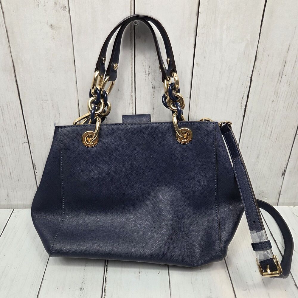 Michael Kors Saffiano Leather Cynthia Convertible Satchel Bag Small Navy Blue - Picture 8 of 16